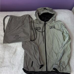 PINK Reflective Windbreaker Jacket with Drawstring Bag - Gray